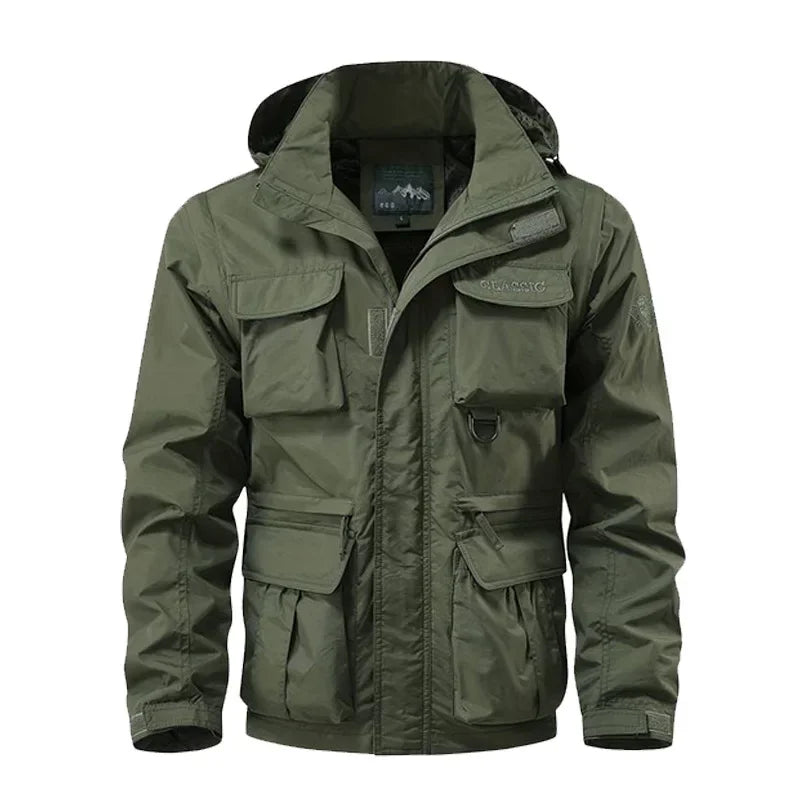 Men's Casual Waterproof Multi Bag Cargo Jacket Vest Suitable for Outdoor Activities Detachable Windproof Hooded Jacket Jacket