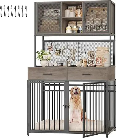 71" Tall Dog Crate Furniture, Indoor Kennel with Hutch, 42" W Dog Cage for Large/Medium Dogs, Wood Crates with 2 Storag
