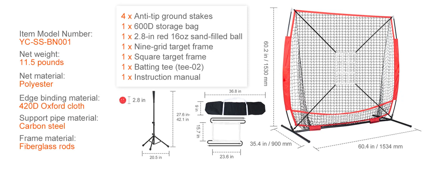 SucceBuy 5x5ft Portable Baseball Softball Practice Net for Hitting Batting Catching Pitching w/ Bow Frame Carry Bag Strike Zone