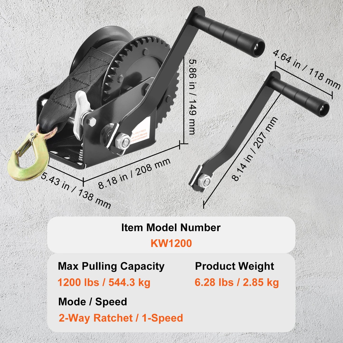 SucceBuy Hand Winch Boat Trailer Winch Heavy Duty Rope Crank Polyester Strap & Two-Way Ratchet Manual Operated Hand Crank Winch