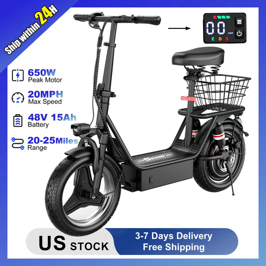 Electric Scooter Adults,650W Peak Motor,48V15AH Battery,E-Scooter With Seat,Up to 20MPH,25Miles Long Range,Escooter With Basket