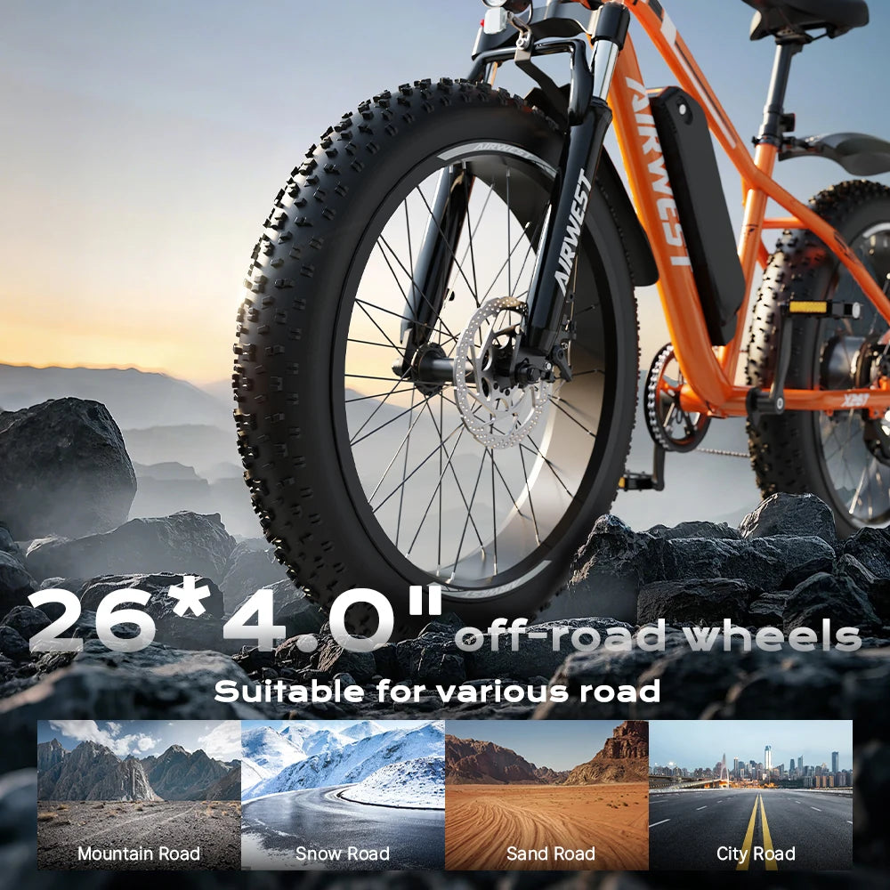 AIRWEST X26T Adult Electric Bike，Peak Power Motor 750W ，26"x4 Fat Tire，48V 13Ah Battery，25MPH，E-bike UL 2849, 1 Year Warranty
