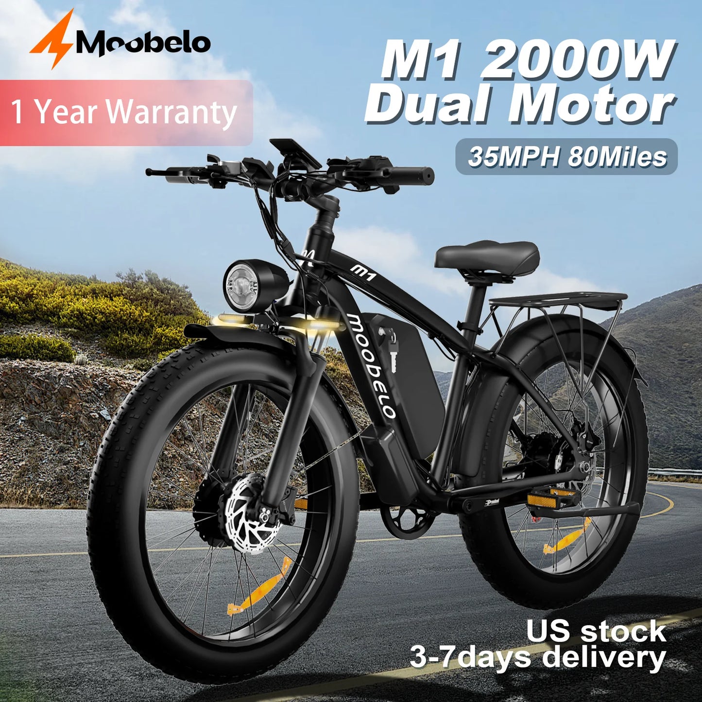 Moobelo M1 48V 2000W Dual Motor E-Bike 26" Fat Tires Front Suspension | CE Certified Ideal for US Snow/Beach/Urban Riding EBike