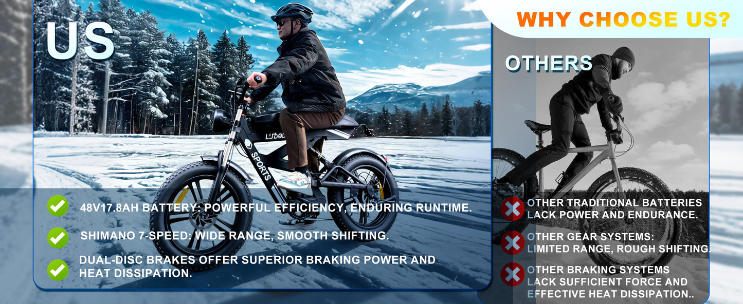 Electric Bicycle 1000W Peak Motor 35MPH Snow Electric Dirt Bike 75Miles Full Suspension 20''*4.0 Fat Tire Mountain E-bike