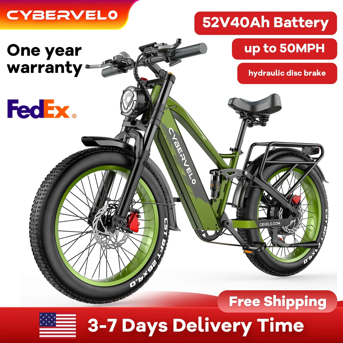 Cybervelo 5000w Peak Built-in Battery Ebike, 100 Miles Range MTB Sand 26" Fat Tire, 52V 40Ah Outdoor Electric Bike for adult EK9