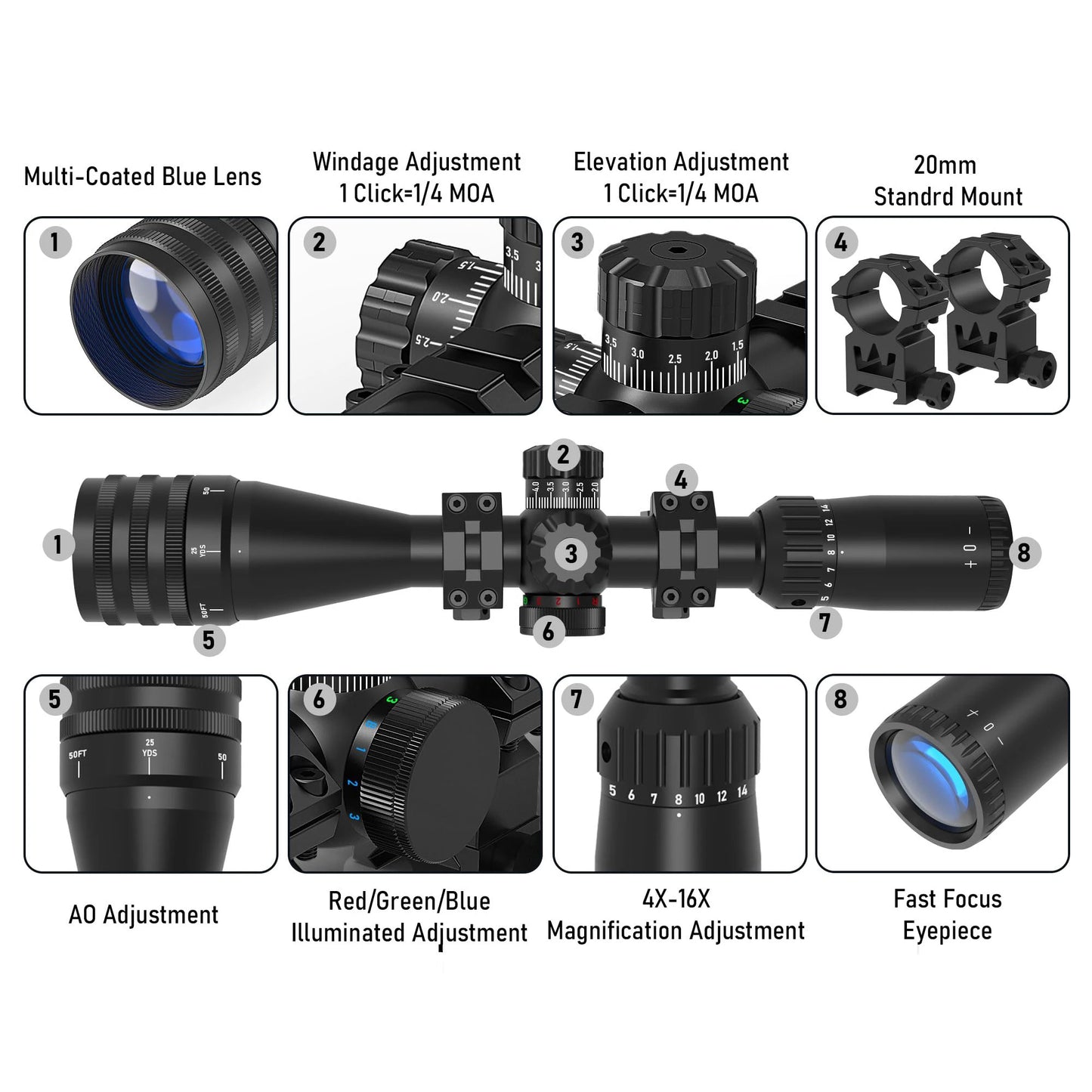 4-16X44AO Rifle Scope for Hunting SFP Optics Scope RGB illuminated Long Range Optics Sight