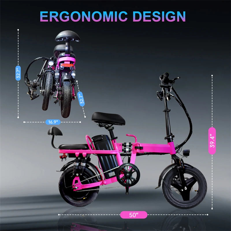 Pink Women Folding Electric Bike for Adults 500W Motor 20MPH 48V 20Ah Ebike 14'' Lightweight & Portable Adults Electric Bicycles