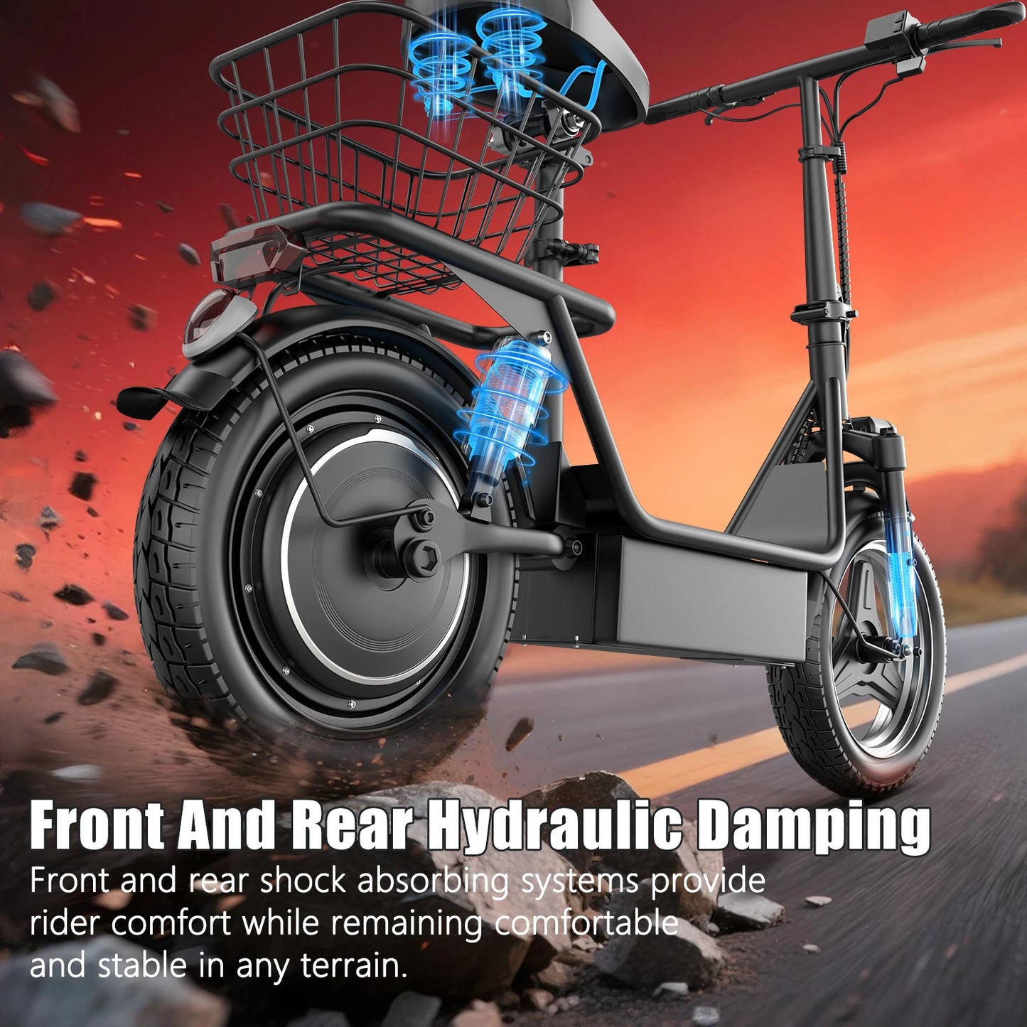Electric Scooter Adults,650W Peak Motor,48V15AH Battery,E-Scooter With Seat,Up to 20MPH,25Miles Long Range,Escooter With Basket