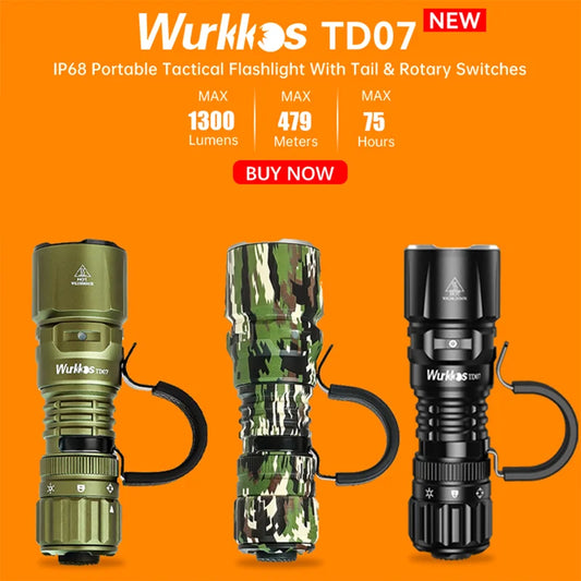Wurkkos TD07 1300LM Tactical Flashlight 479M Long Throw IP68 Waterproof 18350 Battery Torch Dual Switches and Ring Handle Grip