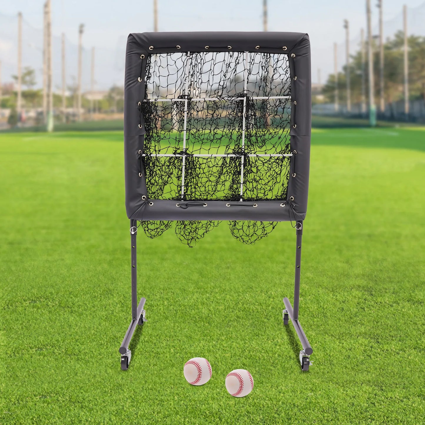 9 Hole Baseball Training Equipment Hitting Pitching Practice Net Adjustable Baseball Trainer Aid with 360° Swivel Caster