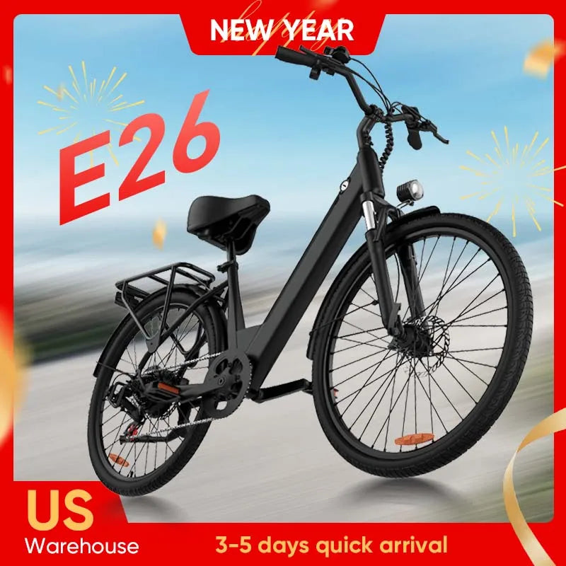 Peak 750W E26 Electric Bike 26x2" Commuter Tires 48V 10.4Ah Removable Battery 20MPH Speed 7-Speeds LCD Display