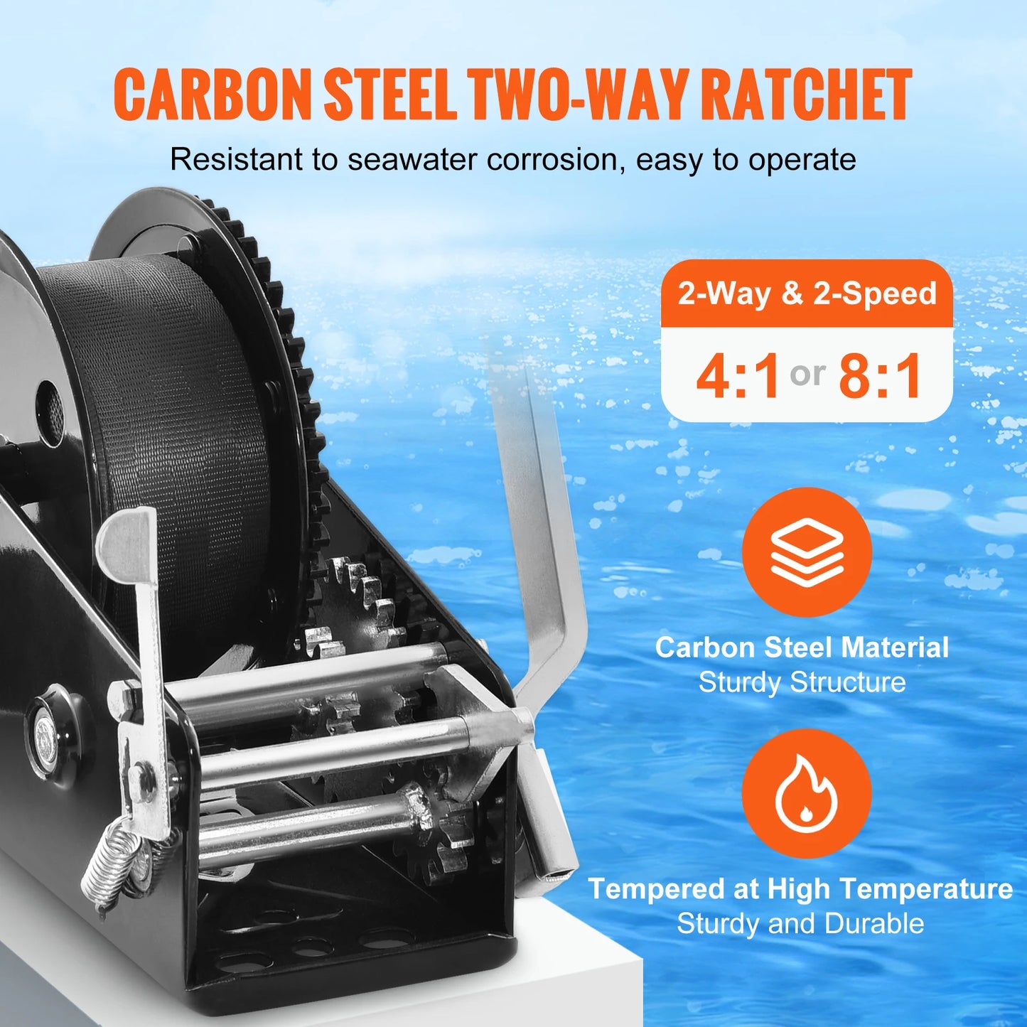 SucceBuy Hand Winch Boat Trailer Winch Heavy Duty Rope Crank Polyester Strap & Two-Way Ratchet Manual Operated Hand Crank Winch