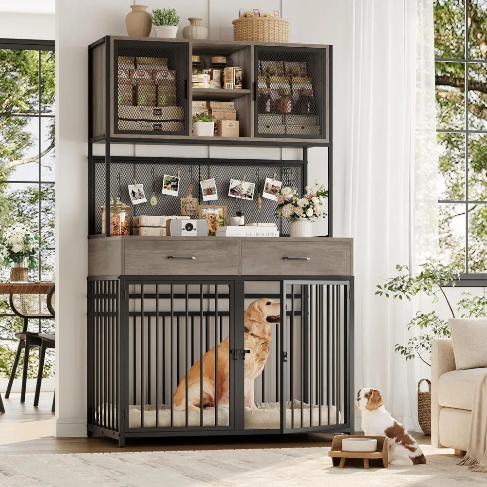 71" Tall Dog Crate Furniture, Indoor Kennel with Hutch, 42" W Dog Cage for Large/Medium Dogs, Wood Crates with 2 Storag