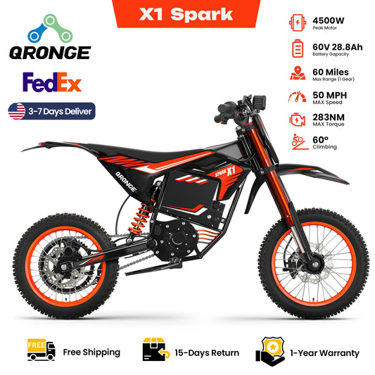 QRONGE X1 Spark Electric Dirt Bike 4500W Peak 60V 28.8Ah 50MPH Electric Motorcycle 14/12" Fat Tire Mountain Off-Road E-Bike