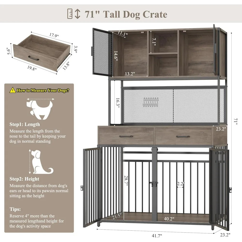 71" Tall Dog Crate Furniture, Indoor Kennel with Hutch, 42" W Dog Cage for Large/Medium Dogs, Wood Crates with 2 Storag