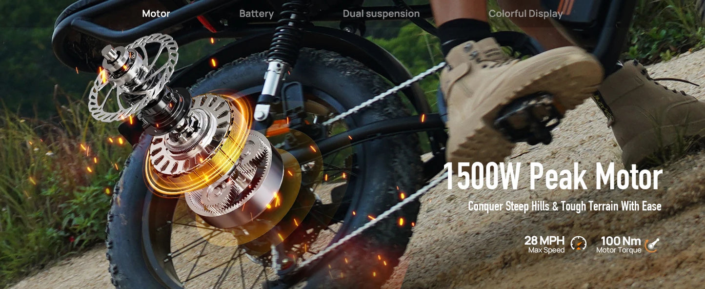 Peak 1500W Electric Mountain Bike with 48V 15.6Ah Removable Battery, 28MPH 100 Mile Range, 20" X 4" fat Tire E-bike