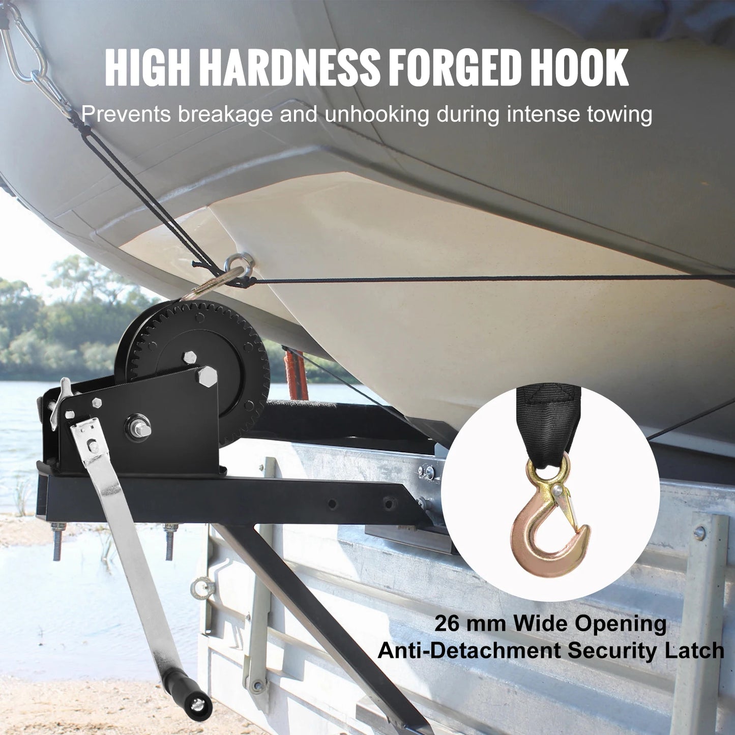 SucceBuy Hand Winch Boat Trailer Winch Heavy Duty Rope Crank Polyester Strap & Two-Way Ratchet Manual Operated Hand Crank Winch
