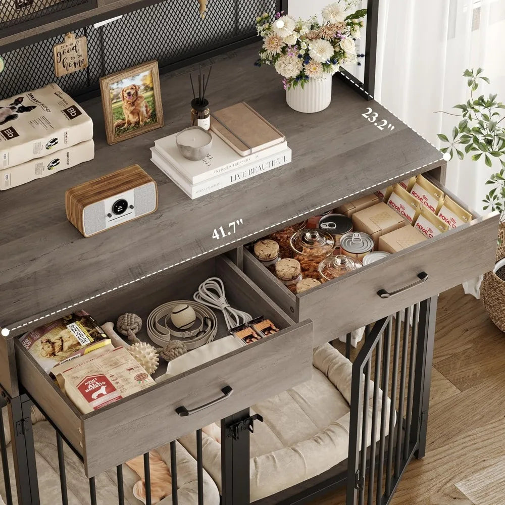 71" Tall Dog Crate Furniture, Indoor Kennel with Hutch, 42" W Dog Cage for Large/Medium Dogs, Wood Crates with 2 Storag