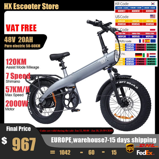 HX Q3 2000W Adult Electric Bike 48V 20Ah E Bike Removable Battery 115Nm Ebike 20*4.0 Inch Fat Tire All-Terrain Electric Bicycle
