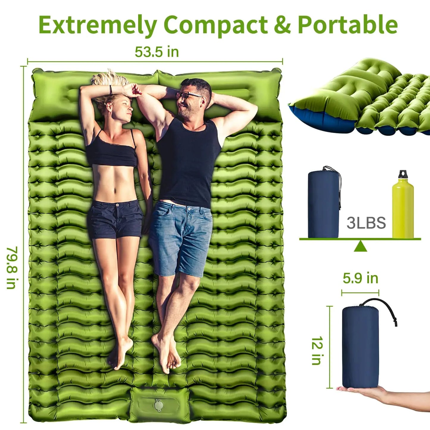 WESTTUNE Double Sleeping Pad 4" Thick for 2 Person with Pillow Built-in Foot Pump Inflatable Mattress for Backpacking Hiking