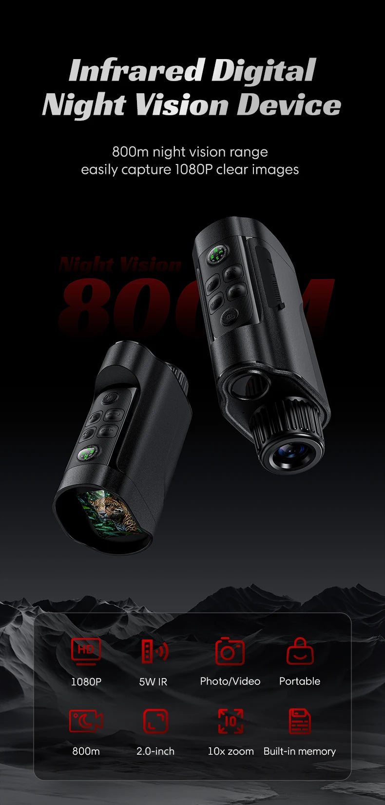 Night Vision Goggles 1080P Night Vision Binoculars with 10000mAh 10X Digital Zoom 800M Full Dark Viewing Video Record forHunting