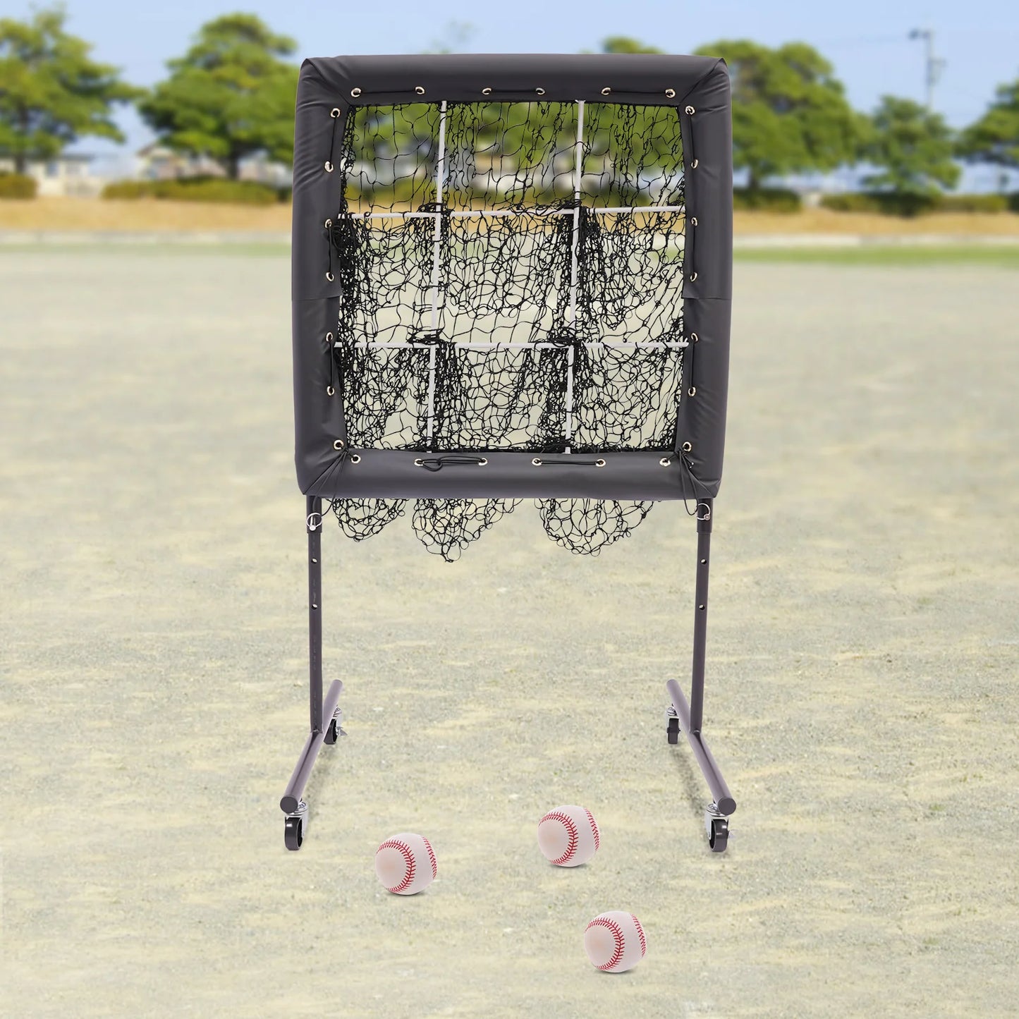 9 Hole Baseball Training Equipment Hitting Pitching Practice Net Adjustable Baseball Trainer Aid with 360° Swivel Caster