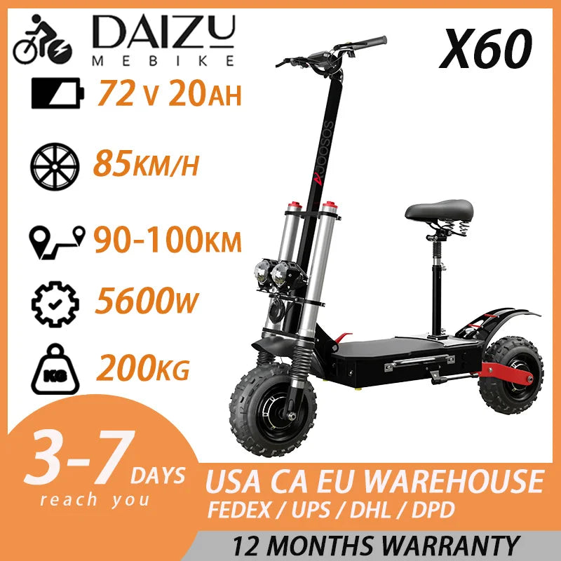 11Inch Off Road Electric Scooter 72V 6000W Dual Motor 85km/h Powerful E Scooter For Adults With Remote Control High Speed Safe