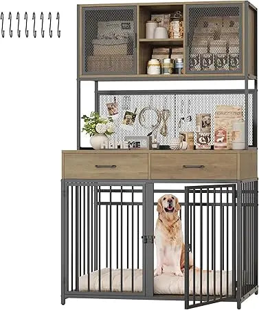71" Tall Dog Crate Furniture, Indoor Kennel with Hutch, 42" W Dog Cage for Large/Medium Dogs, Wood Crates with 2 Storag