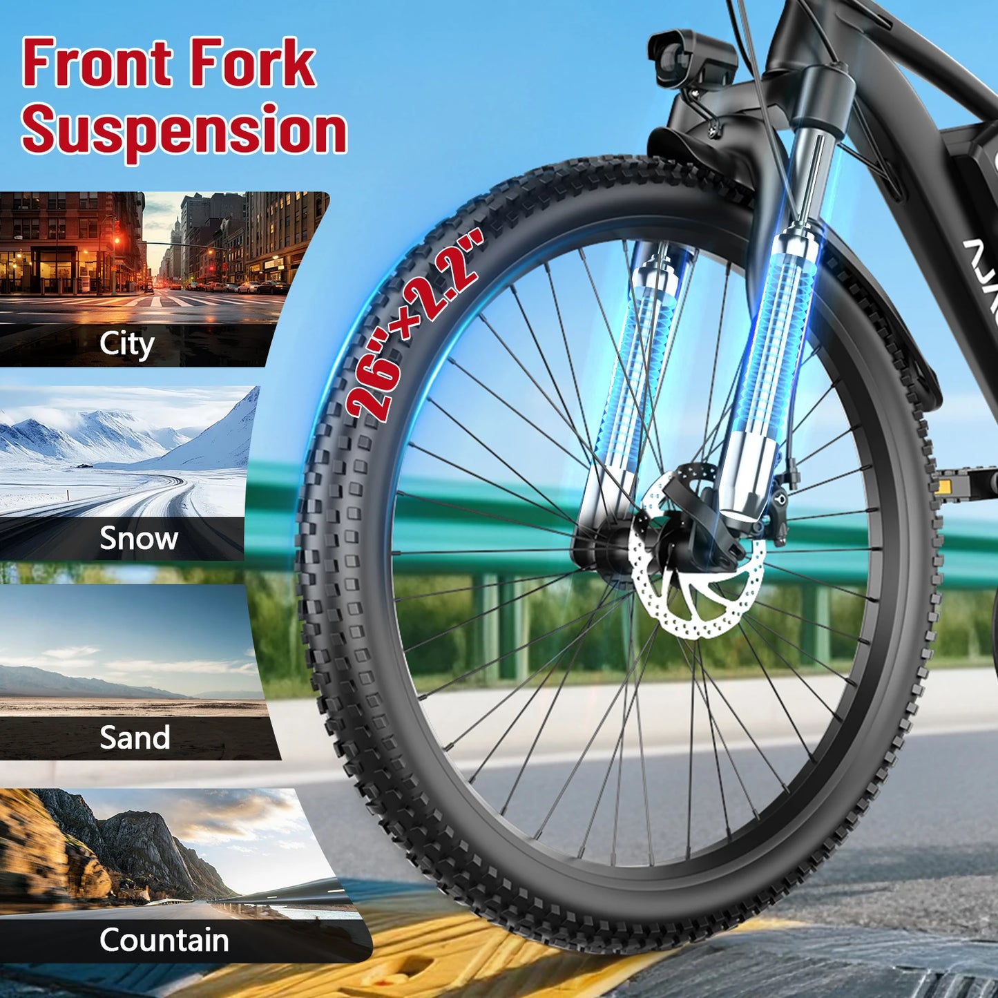 26'' Electric Bike for Adults 1000W Peak Motor 40 Miles 25MPH Commuter EBike 7 Speed Waterproof Pedal Assit Electric Mountain
