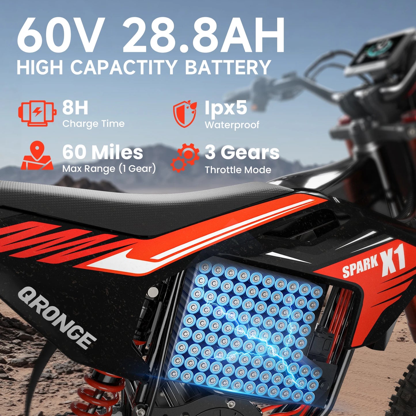 QRONGE X1 Spark Electric Dirt Bike 4500W Peak 60V 28.8Ah 50MPH Electric Motorcycle 14/12" Fat Tire Mountain Off-Road E-Bike