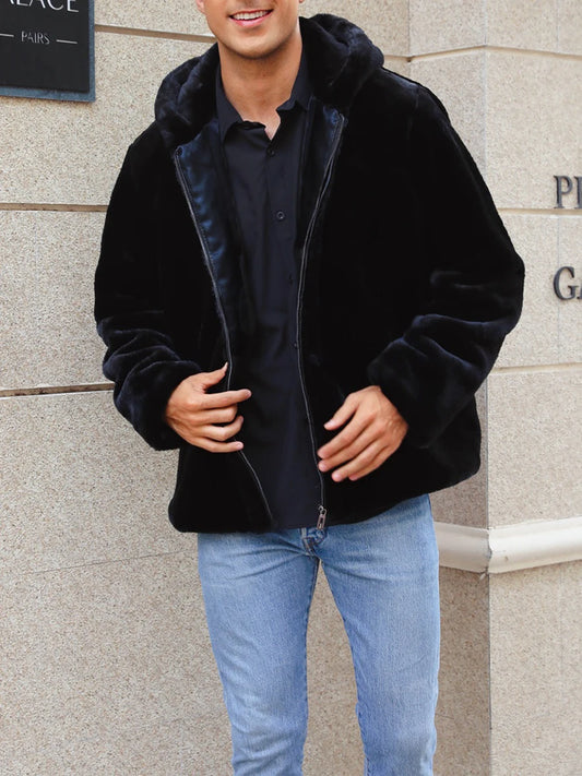 Men s Autumn Winter Plush Coat Black Long Sleeve Hooded Front Zipper Jacket Outerwear