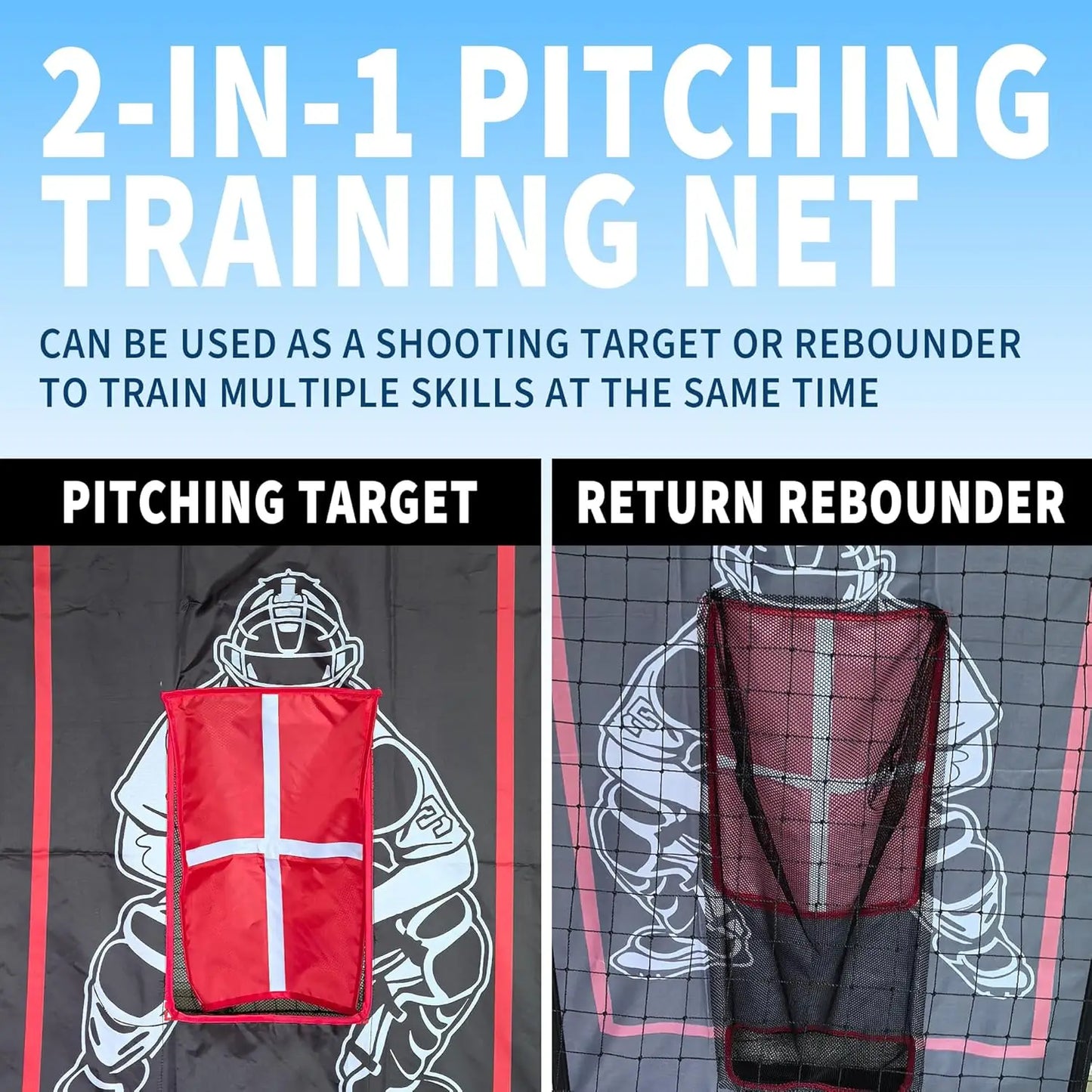 Baseball Pitching and Rebounder Net 5x3.7ft, 2-in-1 Baseball Training Equipment Hitter Pitching Trainer for Softball Practice