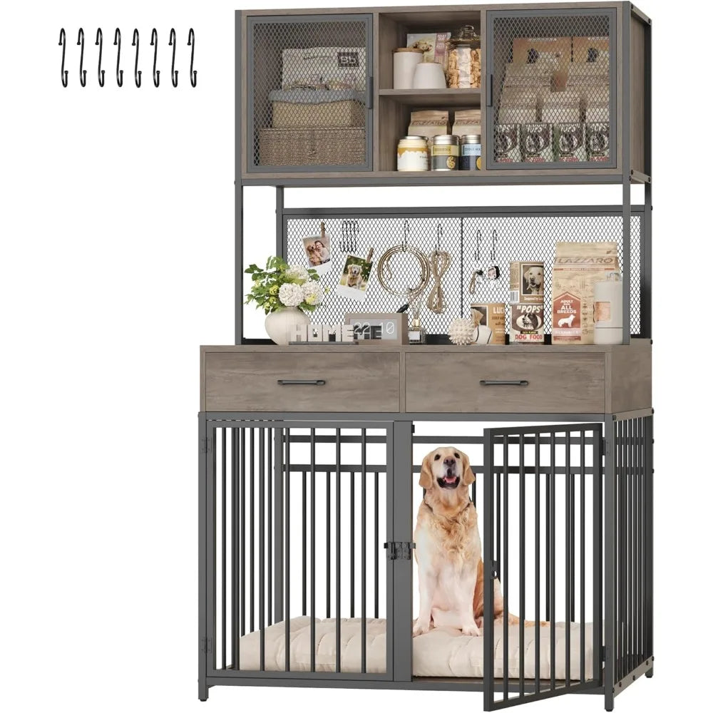 71" Tall Dog Crate Furniture, Indoor Kennel with Hutch, 42" W Dog Cage for Large/Medium Dogs, Wood Crates with 2 Storag