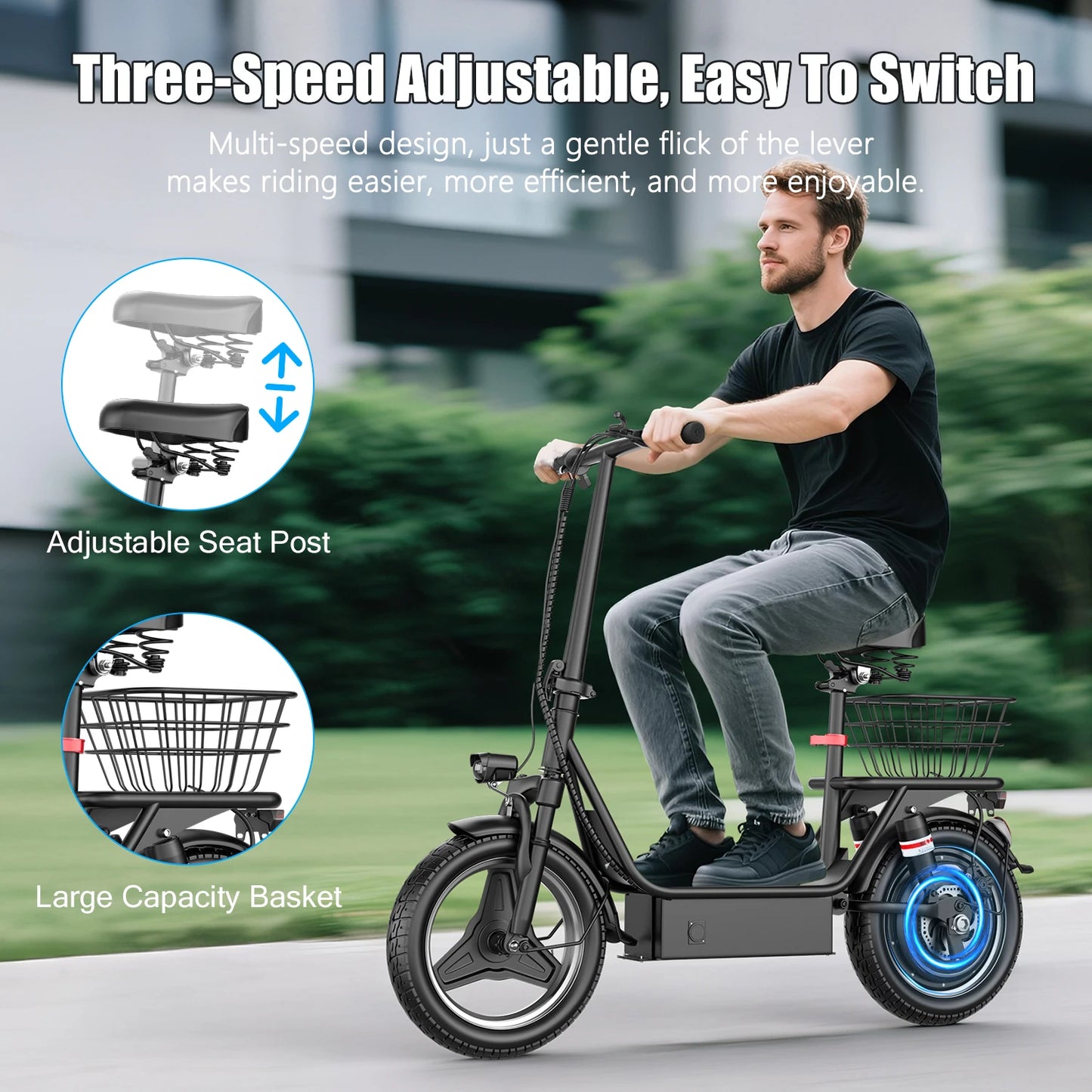 Electric Scooter Adults,650W Peak Motor,48V15AH Battery,E-Scooter With Seat,Up to 20MPH,25Miles Long Range,Escooter With Basket