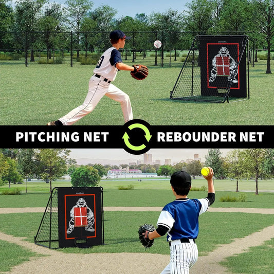 Baseball Pitching and Rebounder Net 5x3.7ft, 2-in-1 Baseball Training Equipment Hitter Pitching Trainer for Softball Practice