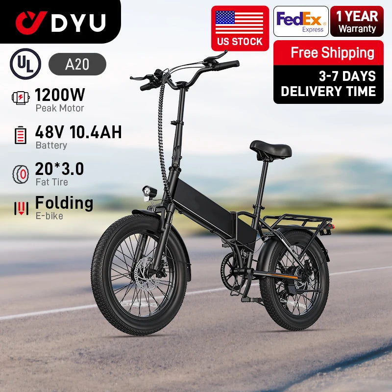 【1 Year Warranty】A20 Electric Bicycle 1200W Peak Motor 48V10.4AH Lithium Battery Electric Bike 20*3.0 Inch Fat Tire E-bike UL284
