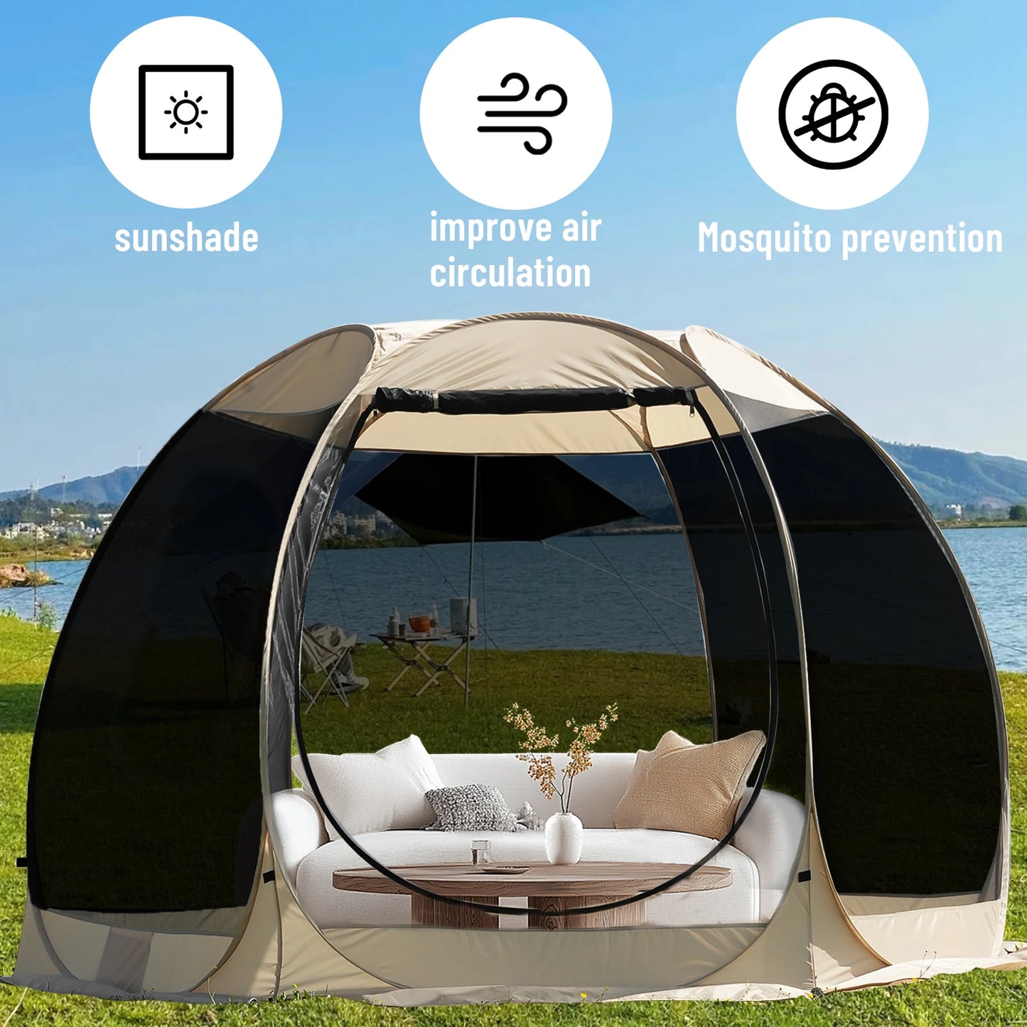 Pop Up Party Tent , 4-6 Person Pavilion, Screen Tent, 6-sided Pop-up Camping Canopy Tent With Mesh Window