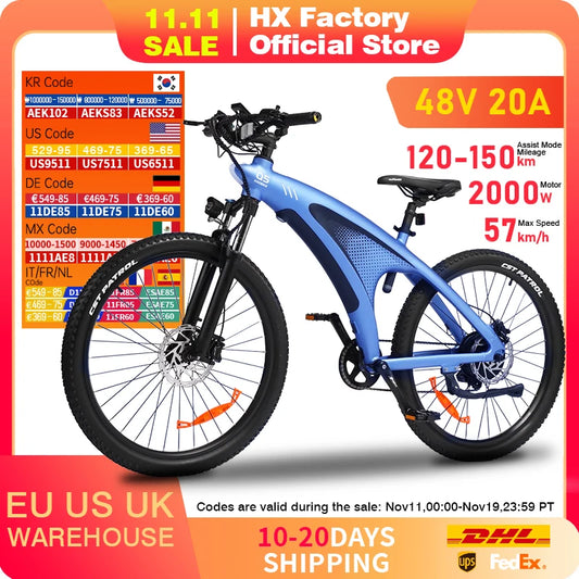 HX Q5 Ebikes 2000W Adults Electric Bike Bicycle 2000W 48V 20AH 27.5 Inch Off-Road Tire Electric E Bikes Mountain Ebike