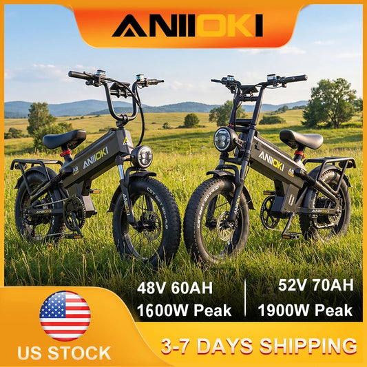 Electric Bike 48V 60AH 52V 70AH Battery 1600W 1900W Peak Motor ANIIOKI 32mph EBike 20"*4" Fat Tires  Adults Electric Bicycle