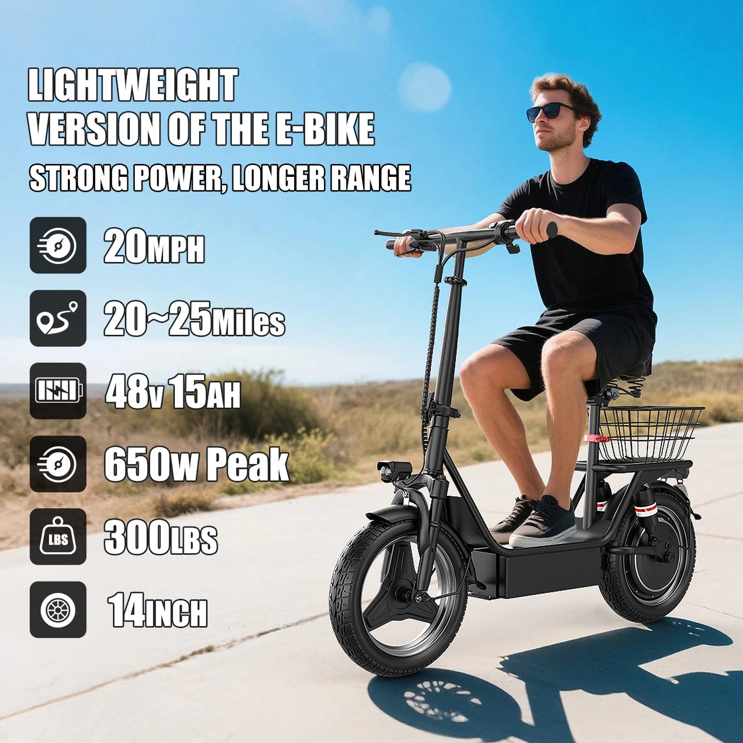 Electric Scooter Adults,650W Peak Motor,48V15AH Battery,E-Scooter With Seat,Up to 20MPH,25Miles Long Range,Escooter With Basket
