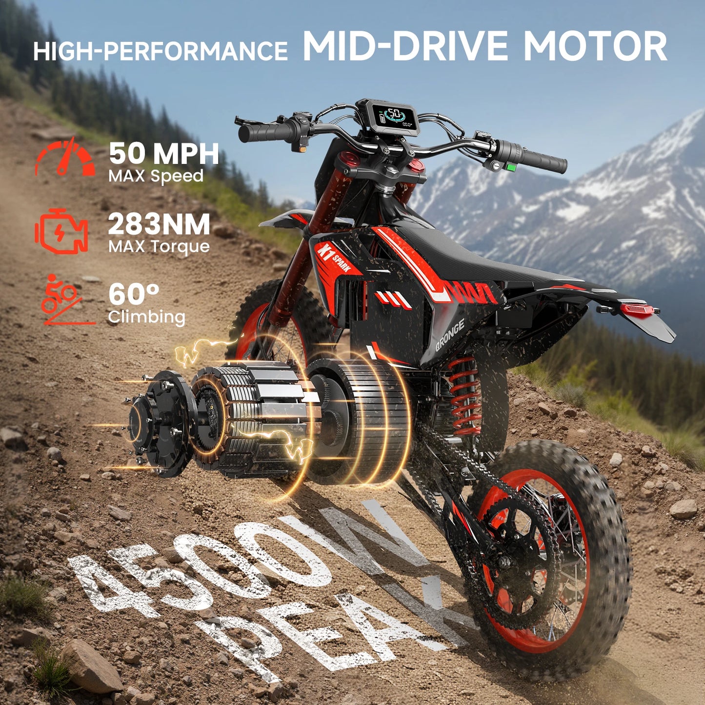 QRONGE X1 Spark Electric Dirt Bike 4500W Peak 60V 28.8Ah 50MPH Electric Motorcycle 14/12" Fat Tire Mountain Off-Road E-Bike