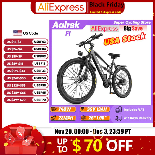 Aairsk F1 Adult Mountain Ebike 748W Motor 36V 13Ah Battery Urban Electric Bicycle 26*1.95" Tire Dual Suspension Electric Bike