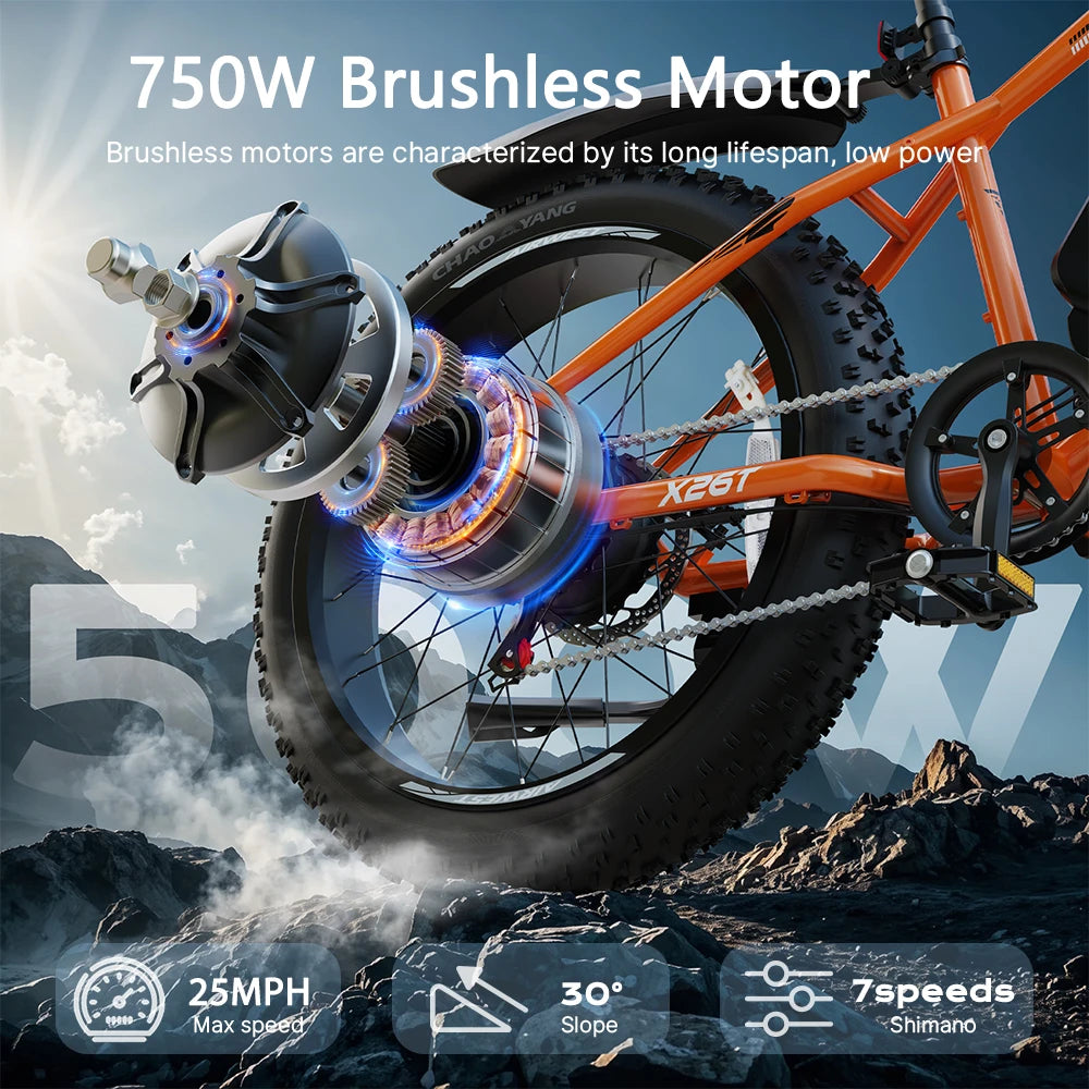 AIRWEST X26T Adult Electric Bike，Peak Power Motor 750W ，26"x4 Fat Tire，48V 13Ah Battery，25MPH，E-bike UL 2849, 1 Year Warranty