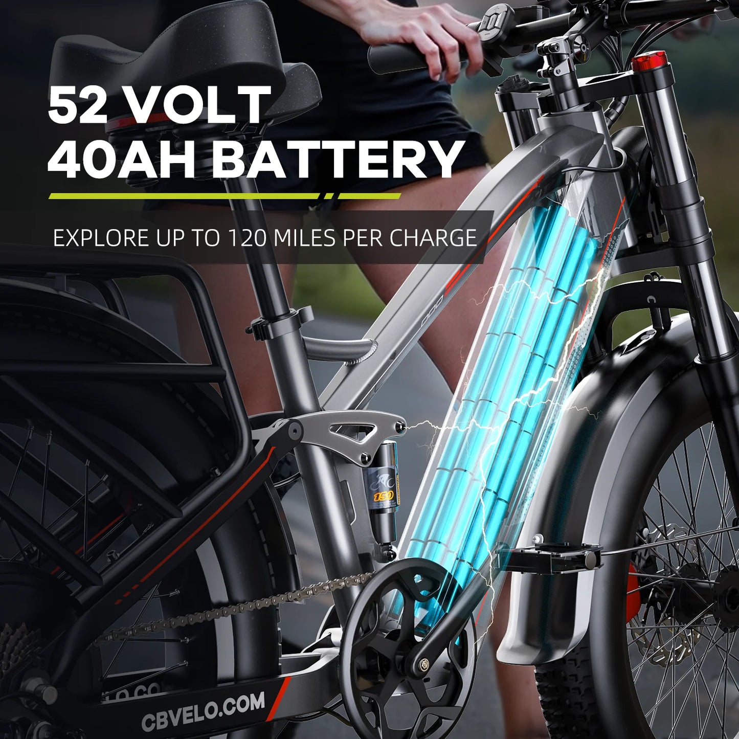 Cybervelo 5000w Peak Built-in Battery Ebike, 100 Miles Range MTB Sand 26" Fat Tire, 52V 40Ah Outdoor Electric Bike for adult EK9