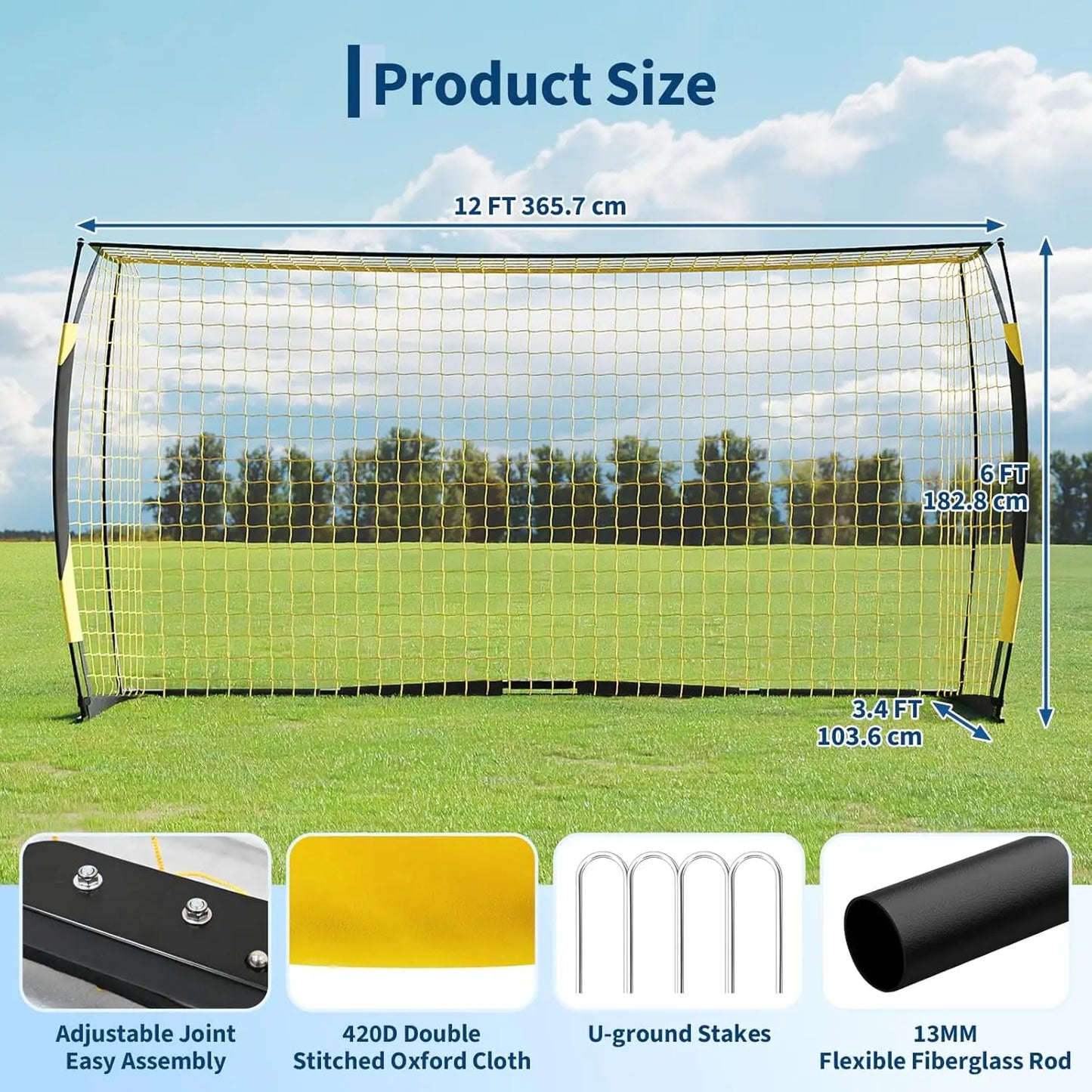 12x6 FT Soccer Goal for Backyard, Portable Soccer Net with Sturdy Metal Base, Easy Assembly Soccer Training Equipment for Indoor