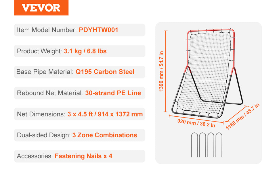 VEVOR Baseball And Softball Rebounder Net 3 x 4.5 ft PitchBack Baseball Pitching Nest three-Way Baseball Softball Pitchback Net