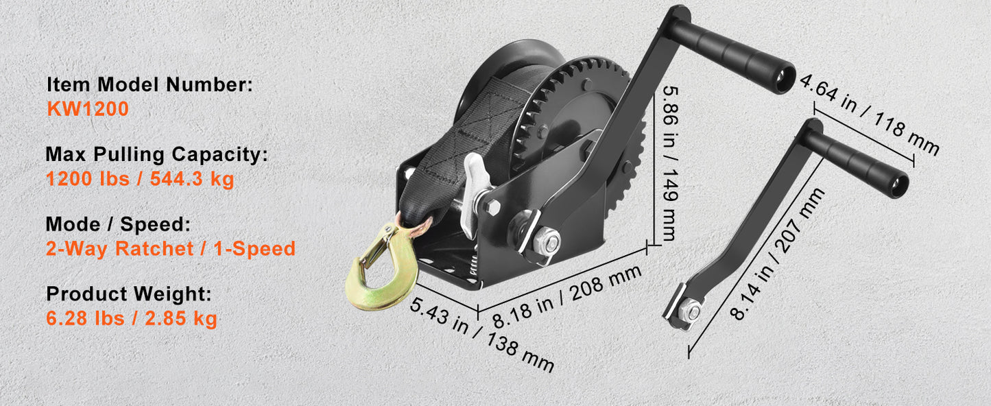 SucceBuy Hand Winch Boat Trailer Winch Heavy Duty Rope Crank Polyester Strap & Two-Way Ratchet Manual Operated Hand Crank Winch