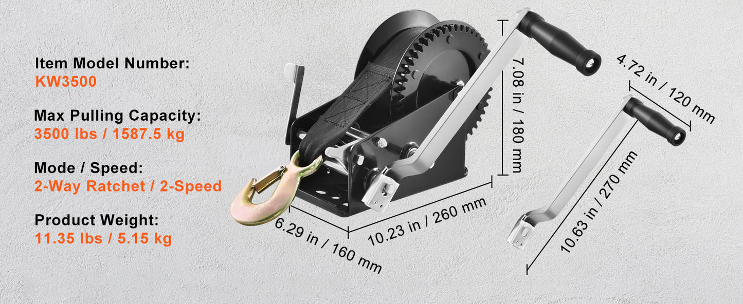 SucceBuy Hand Winch Boat Trailer Winch Heavy Duty Rope Crank Polyester Strap & Two-Way Ratchet Manual Operated Hand Crank Winch