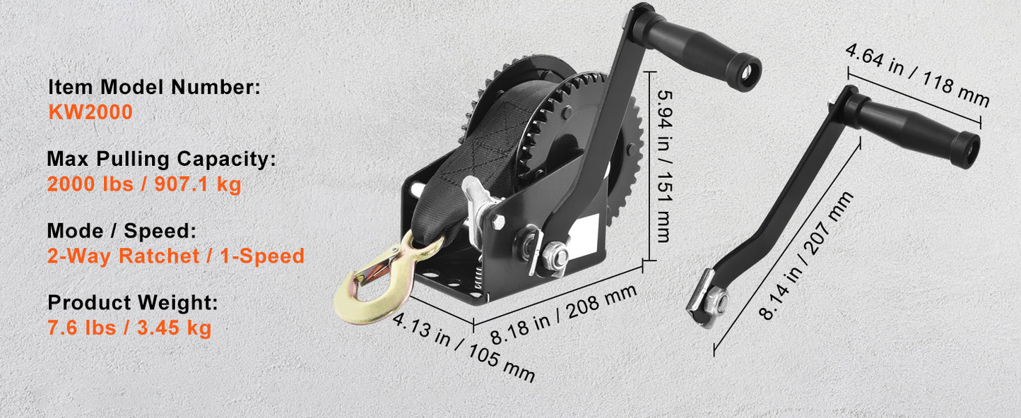 SucceBuy Hand Winch Boat Trailer Winch Heavy Duty Rope Crank Polyester Strap & Two-Way Ratchet Manual Operated Hand Crank Winch